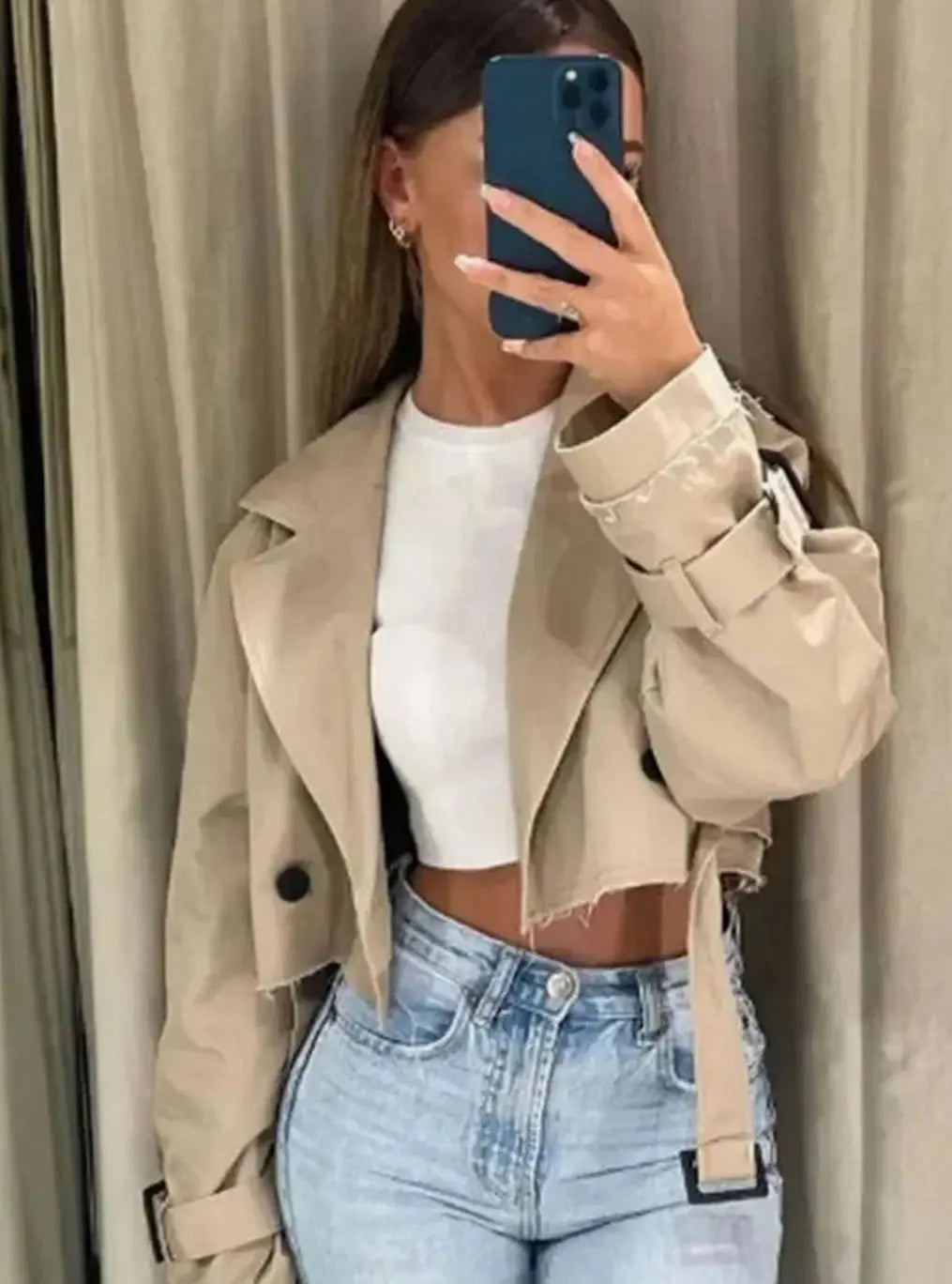 Veste trench beige courte à manches longues pour femme