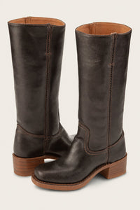 Women's Dark Brown Leather Knee-High Block-Heel Boots