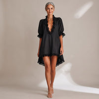 Women's Deep-V-Neck Lace-Trim Mini Dress with Puff Sleeves