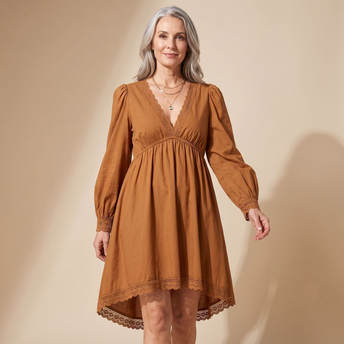 Women's Deep-V-Neck Lace-Trim Mini Dress with Puff Sleeves