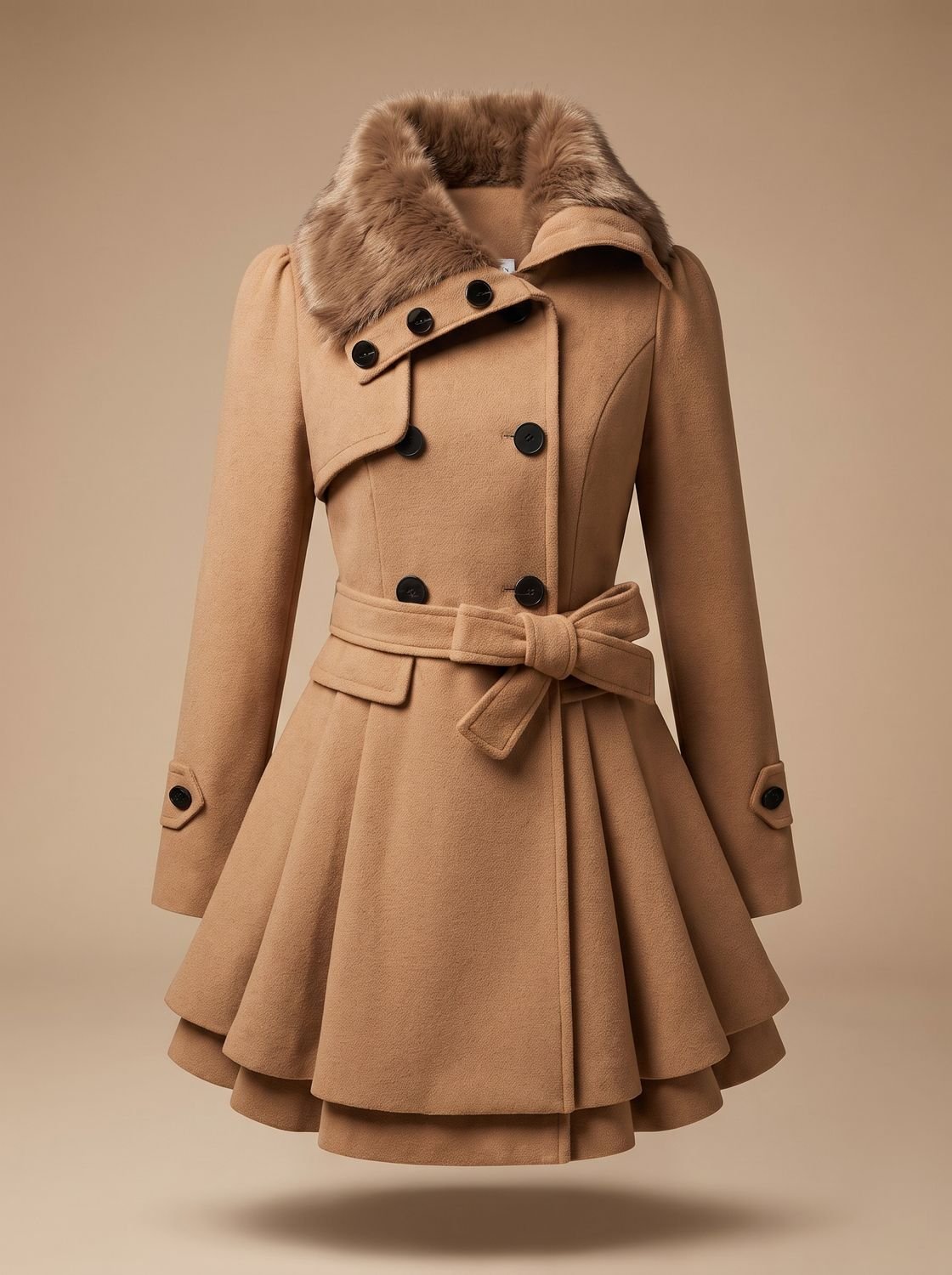 Women's Double-Breasted Belted Wool Overcoat with Faux Fur Collar