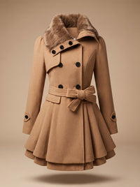 Women's Double-Breasted Belted Wool Overcoat with Faux Fur Collar