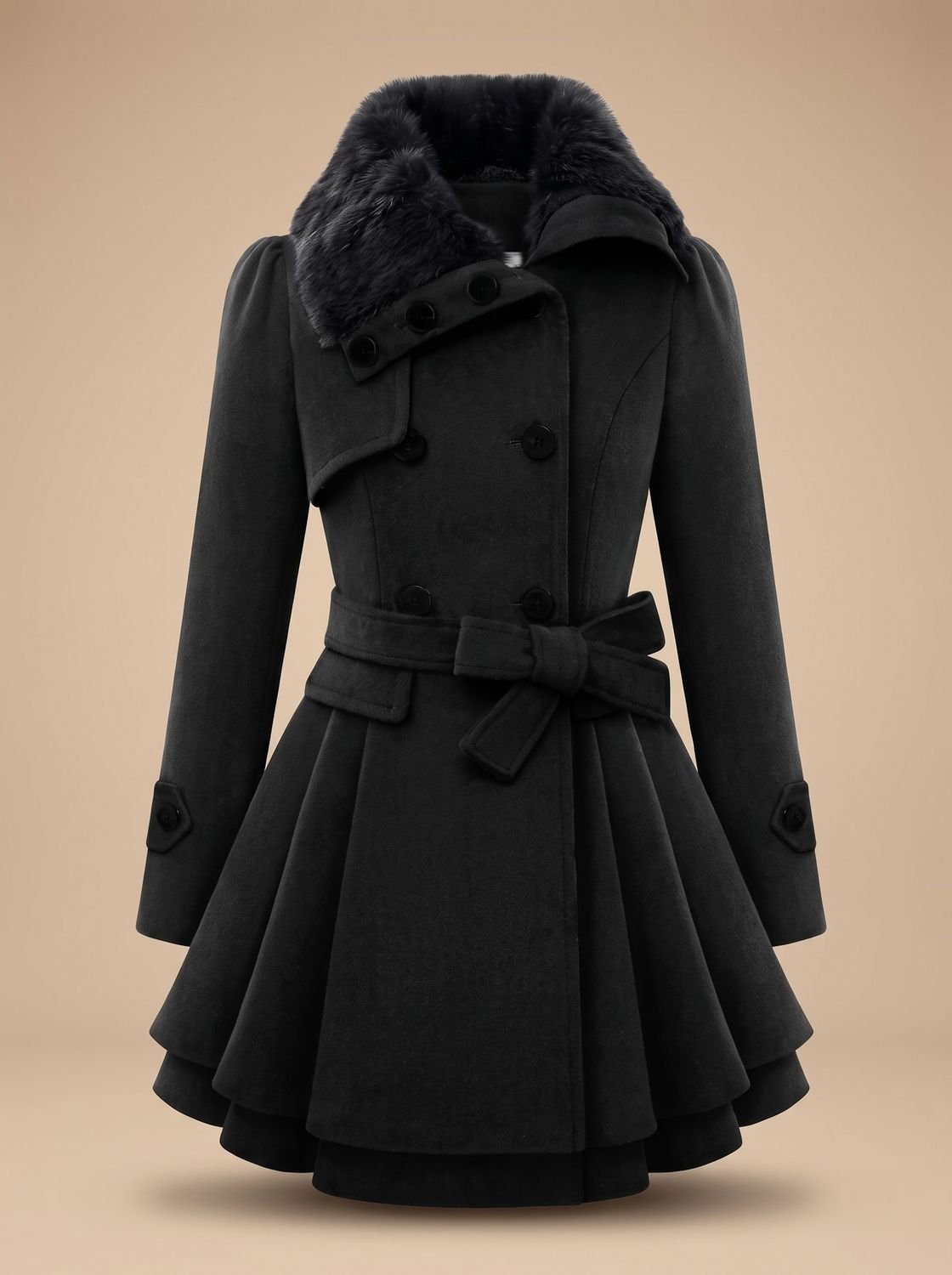 Women's Double-Breasted Belted Wool Overcoat with Faux Fur Collar