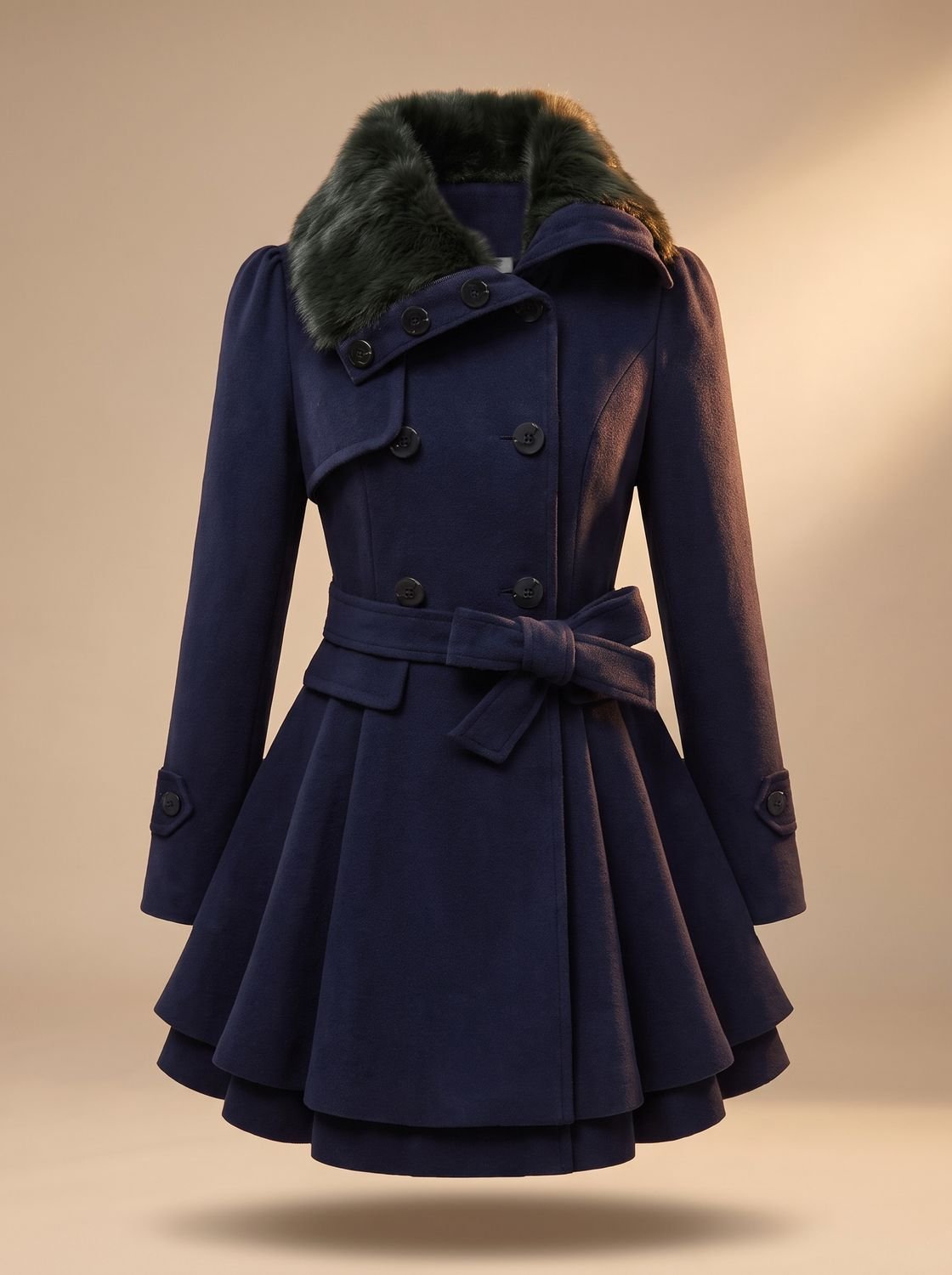 Women's Double-Breasted Belted Wool Overcoat with Faux Fur Collar