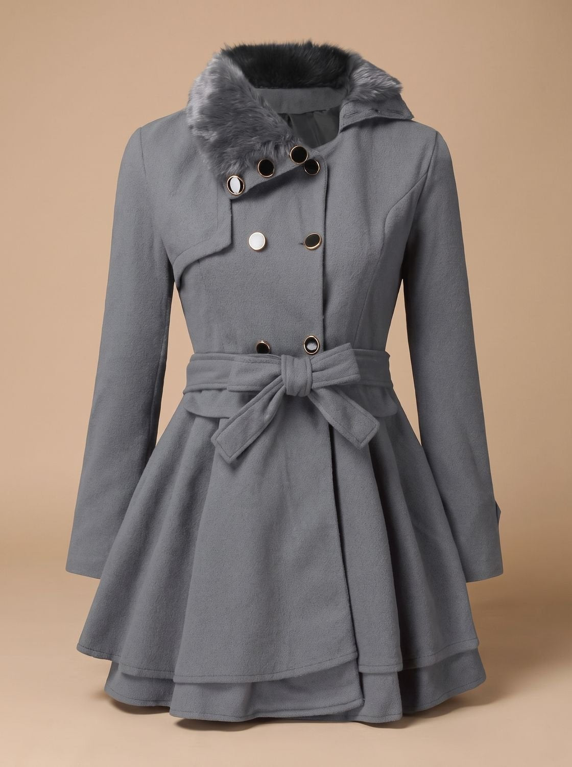 Women's Double-Breasted Belted Wool Overcoat with Faux Fur Collar