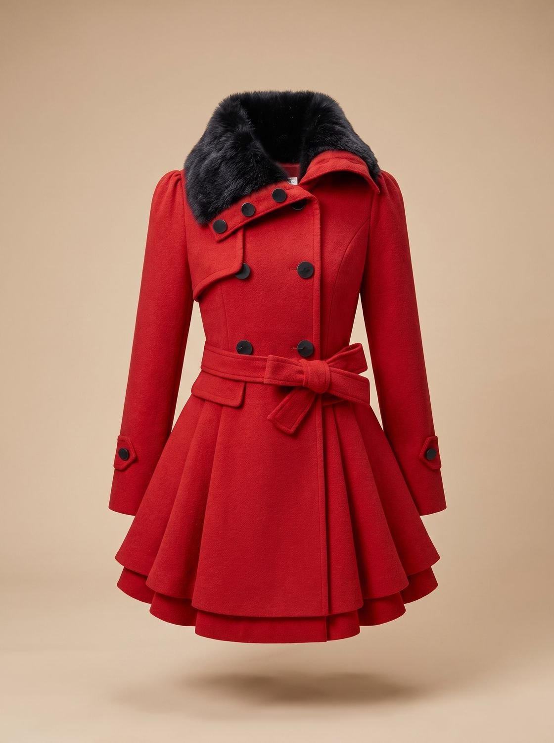 Women's Double-Breasted Belted Wool Overcoat with Faux Fur Collar