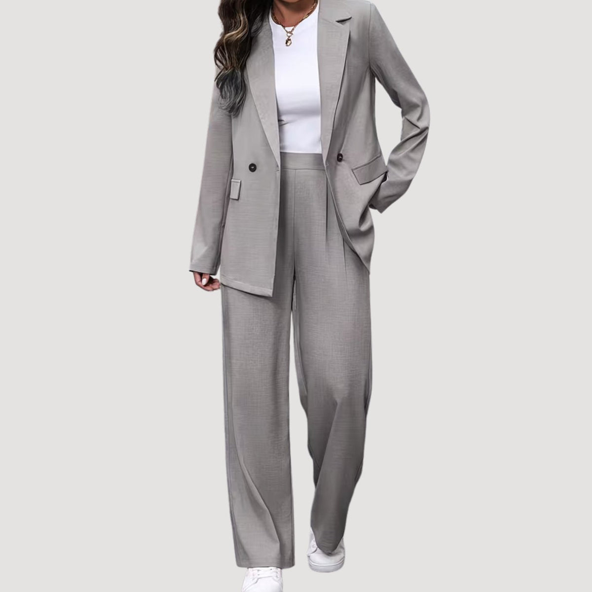Ensemble tailleur femme avec blazer ajusté croisé à jambes larges et pantalon