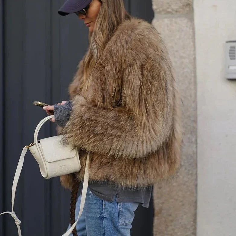 Women's Elegant Luxurious Brown Fur Jacket – Stylish, Versatile, Comfortable