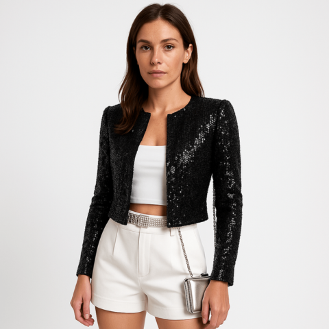 Women's Elegant Sequin Cropped Blazer Jacket for Evenings