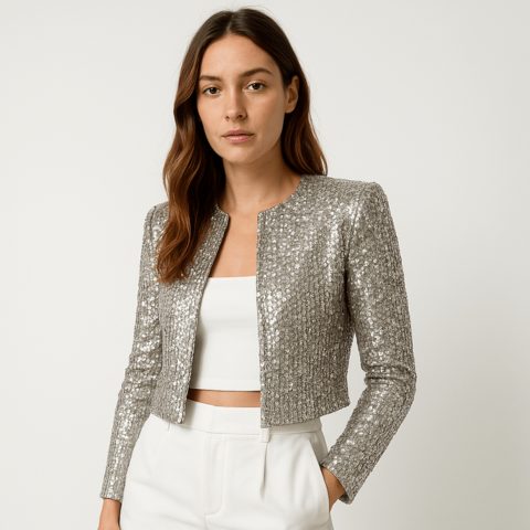 Women's Elegant Sequin Cropped Blazer Jacket for Evenings