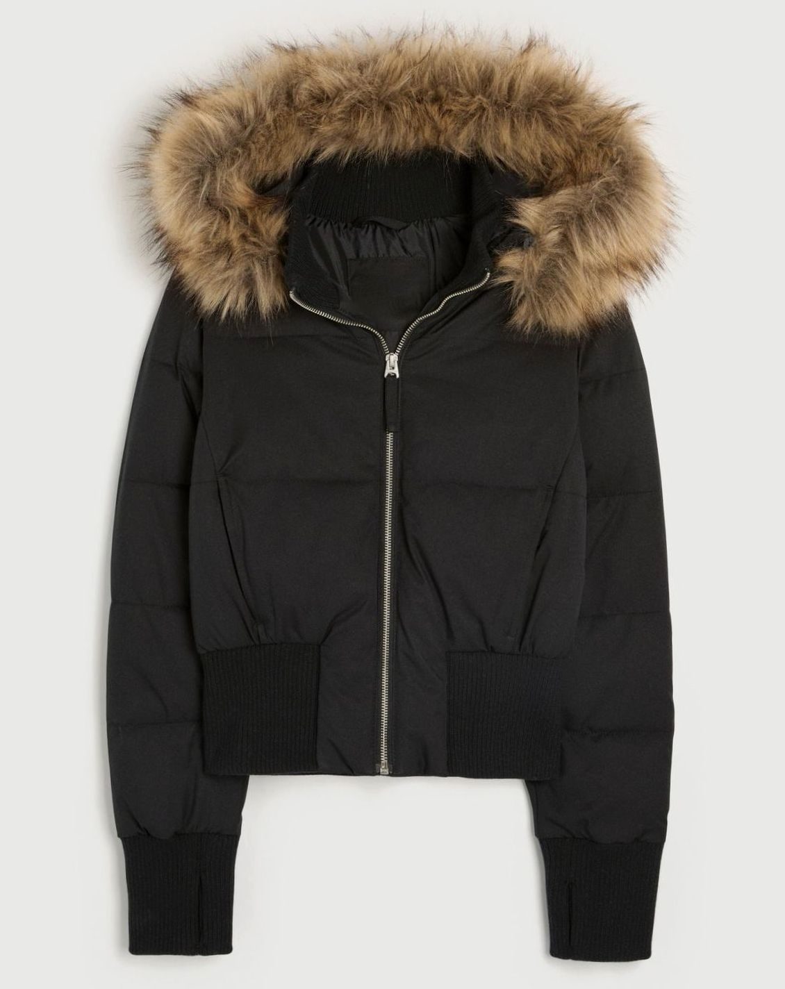 Doudoune courte à capuche zippée pour femme, bordée de fausse fourrure