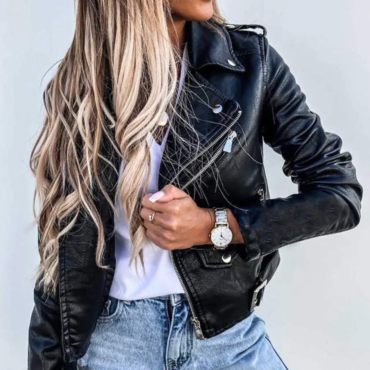Women's Faux Leather Asymmetric-Zip Moto Biker Jacket