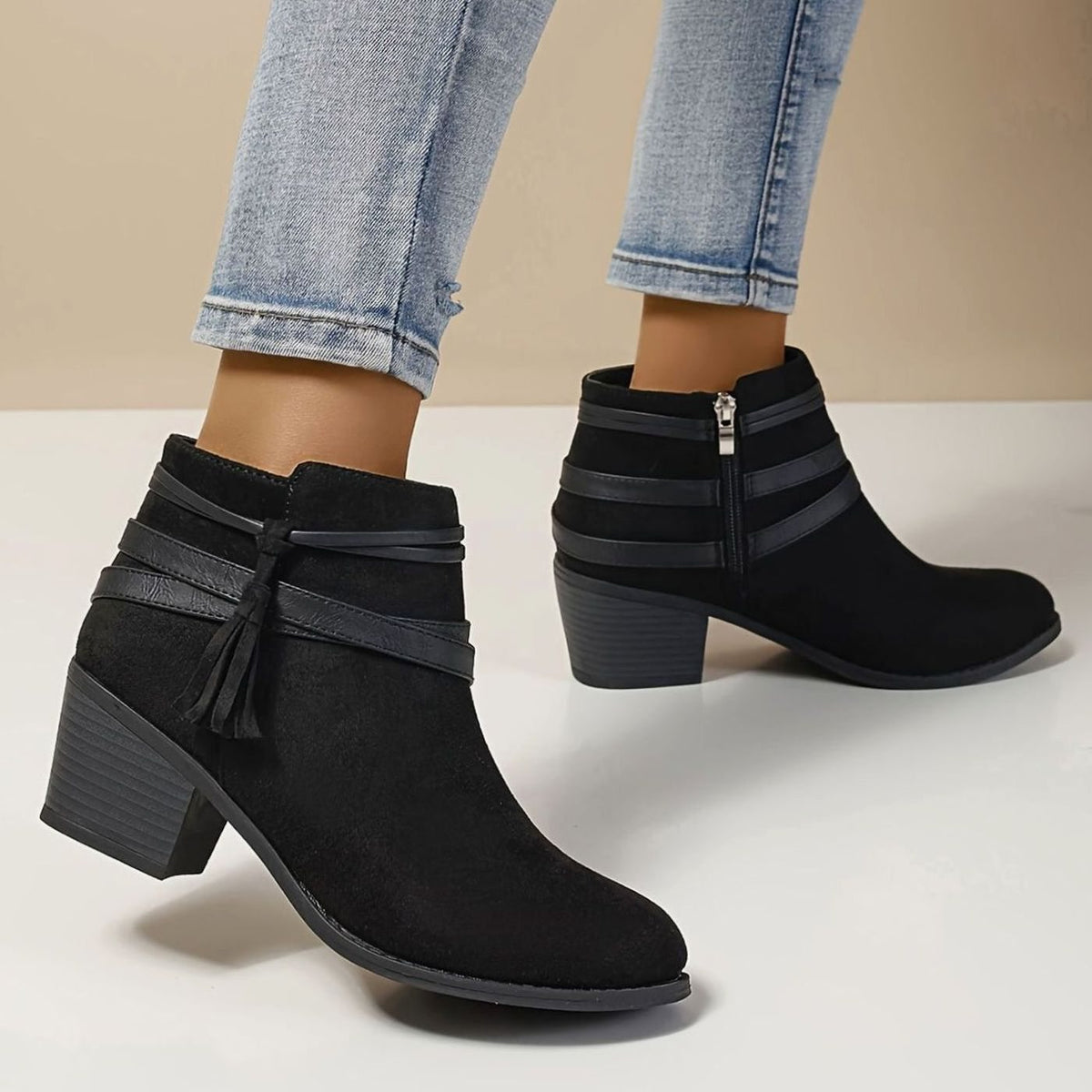 Women's Faux Suede Block Heel Ankle Boots with Tassel Straps
