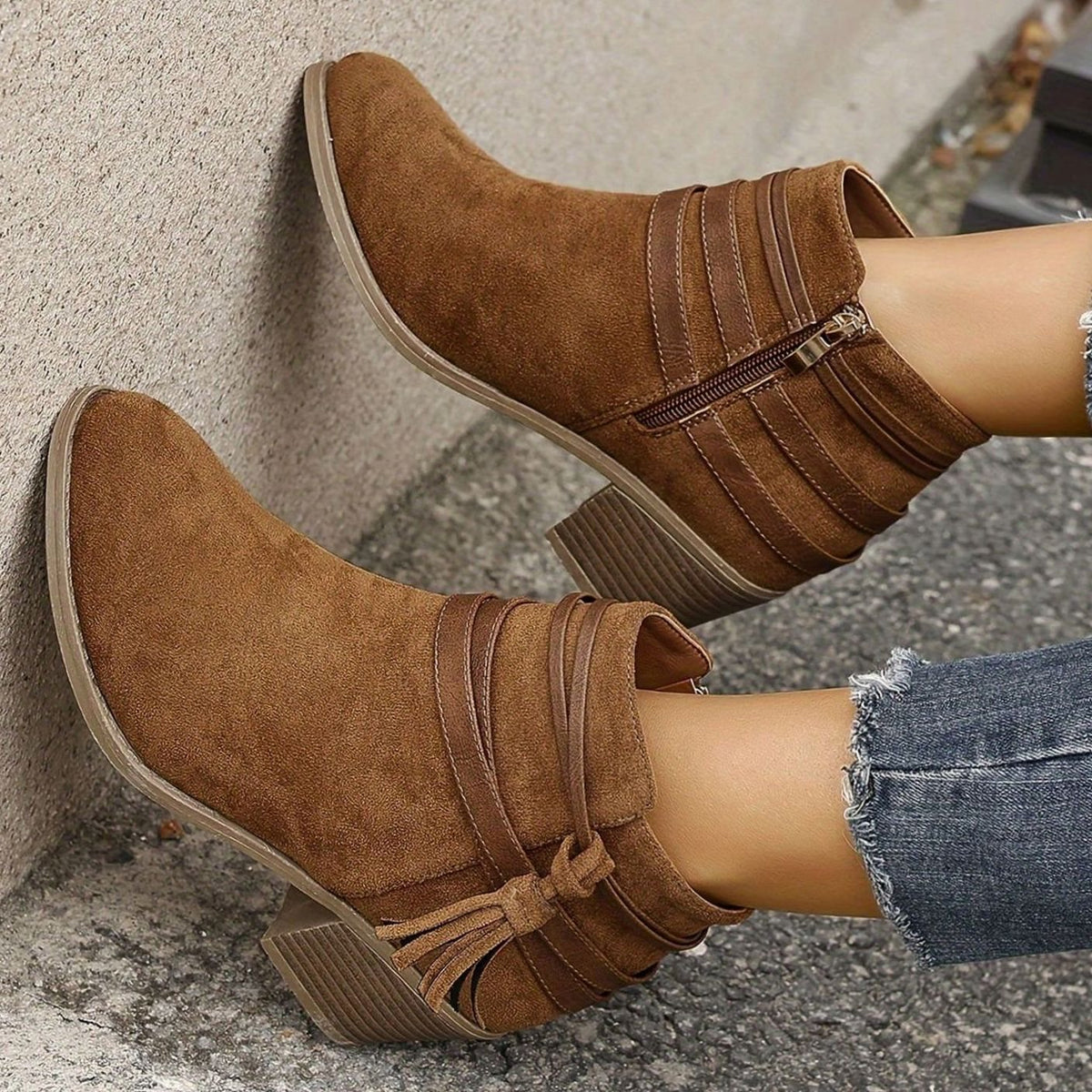 Women's Faux Suede Block Heel Ankle Boots with Tassel Straps