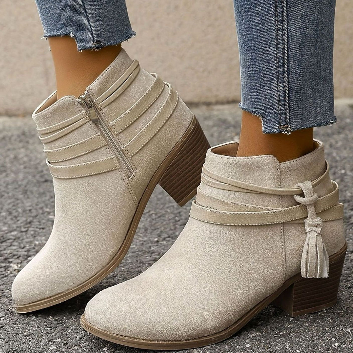 Women's Faux Suede Block Heel Ankle Boots with Tassel Straps