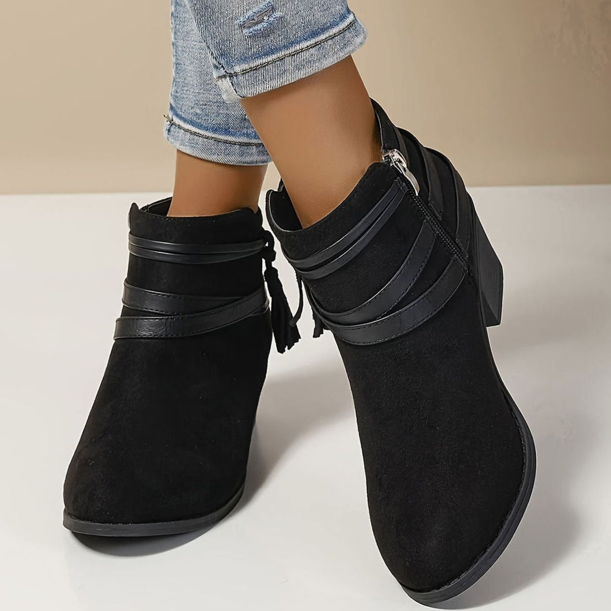 Women's Faux Suede Block Heel Ankle Boots with Tassel Straps