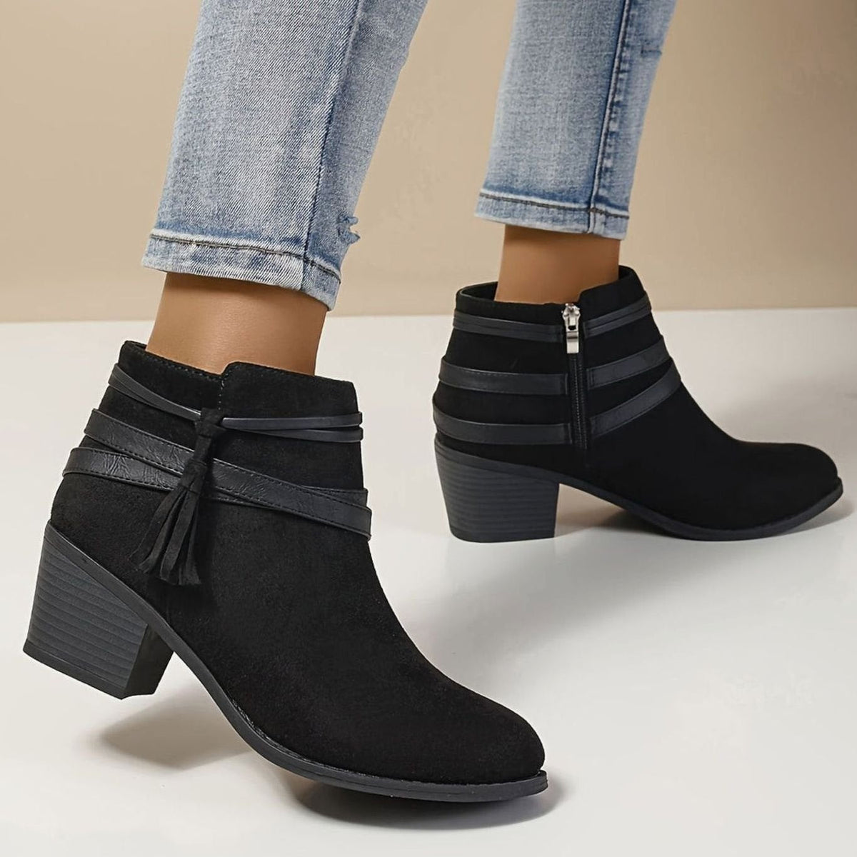 Women's Faux Suede Block Heel Ankle Boots with Tassel Straps