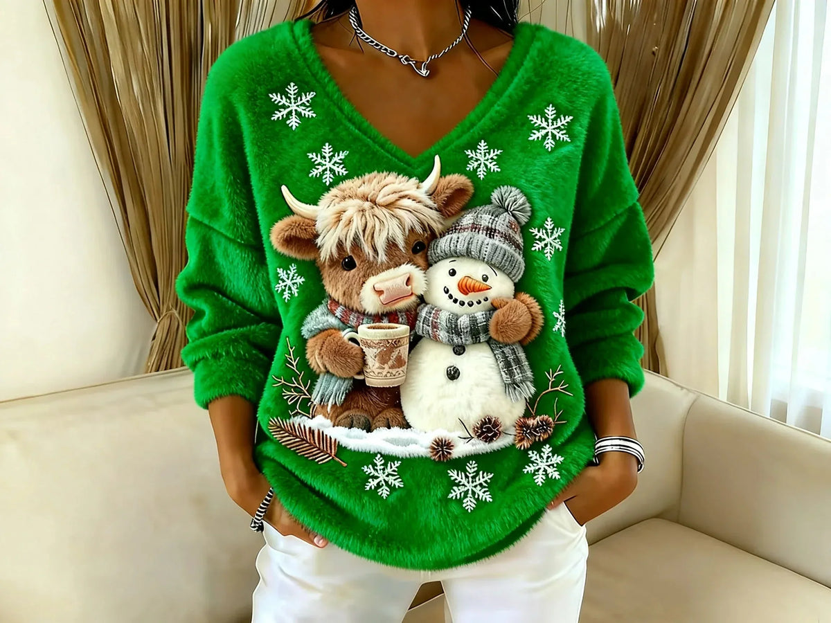 Women's Festive Christmas Sweater with Reindeer and Snowman Motifs | Warm Holiday Knit Sweater