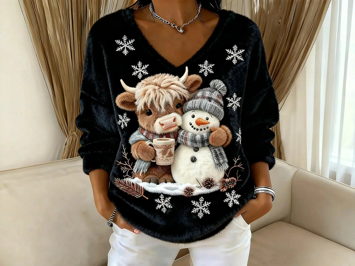 Women's Festive Christmas Sweater with Reindeer and Snowman Motifs | Warm Holiday Knit Sweater