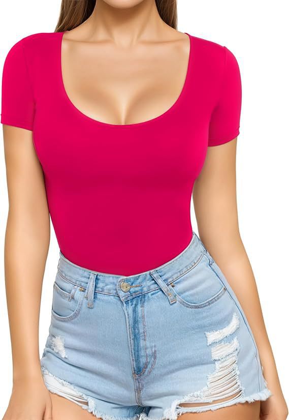 Body ajusté à manches courtes et col rond pour femme, sans coutures