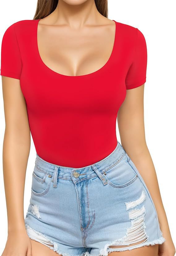 Body ajusté à manches courtes et col rond pour femme, sans coutures