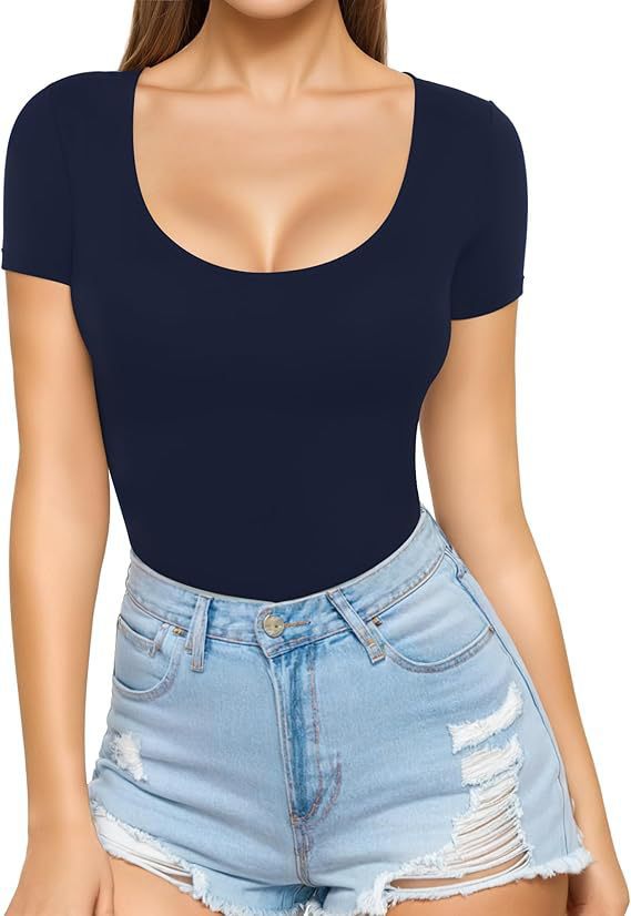 Body ajusté à manches courtes et col rond pour femme, sans coutures
