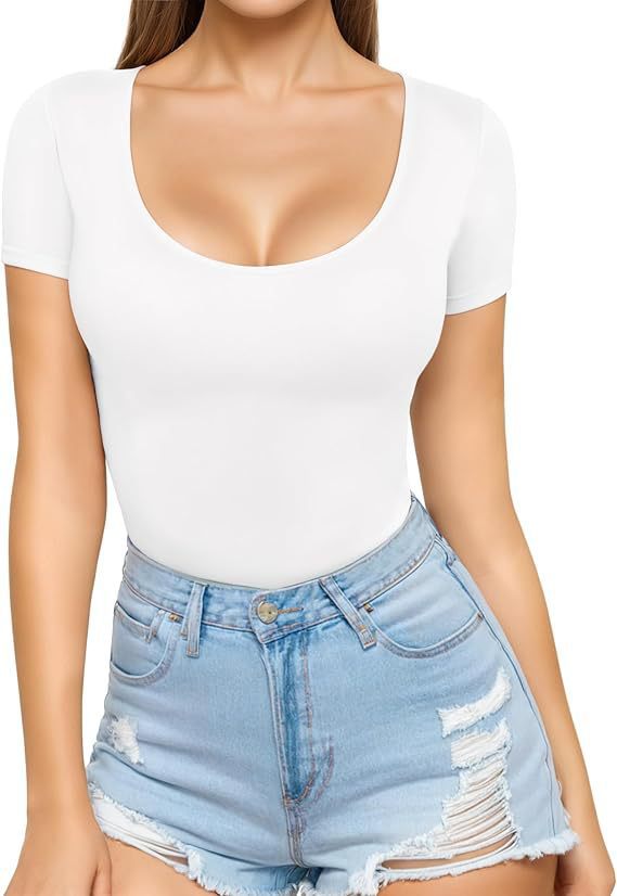 Body ajusté à manches courtes et col rond pour femme, sans coutures
