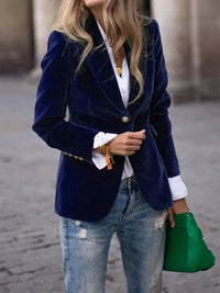Women's Fitted Velvet Blazer with Lapel Collar and Gold Decorative Buttons