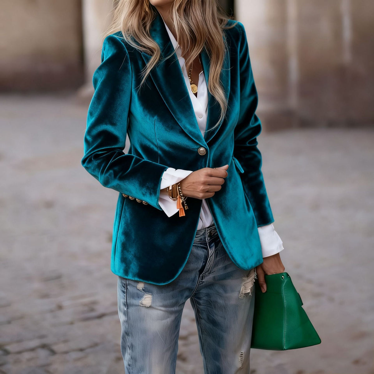 Women's Fitted Velvet Blazer with Lapel Collar and Gold Decorative Buttons
