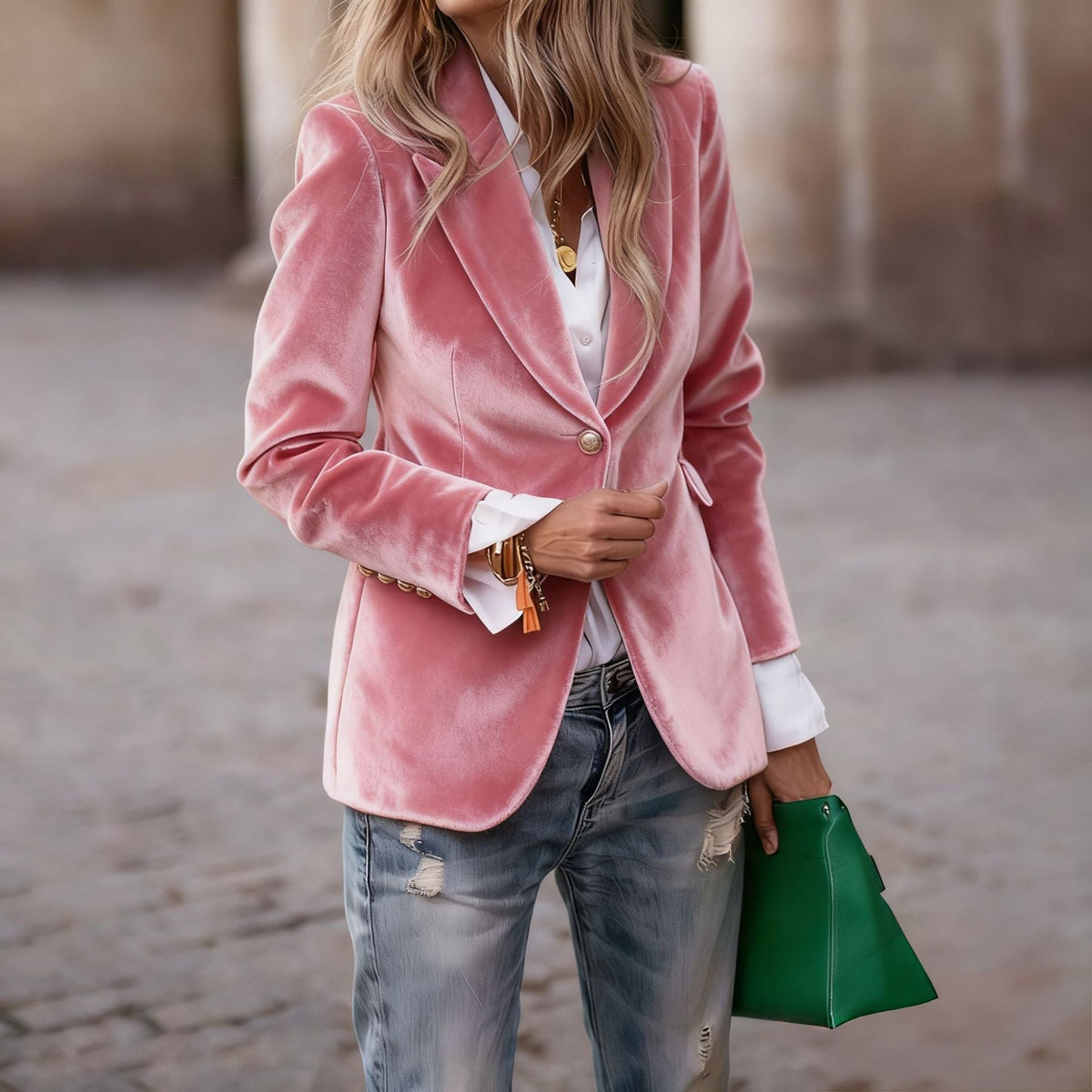 Women's Fitted Velvet Blazer with Lapel Collar and Gold Decorative Buttons