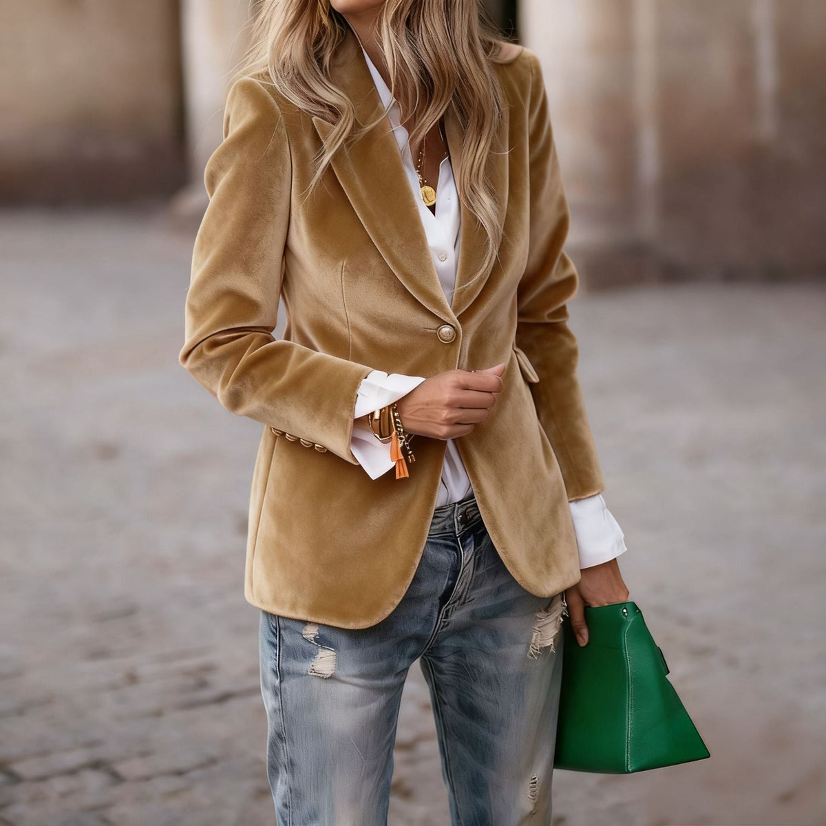 Women's Fitted Velvet Blazer with Lapel Collar and Gold Decorative Buttons