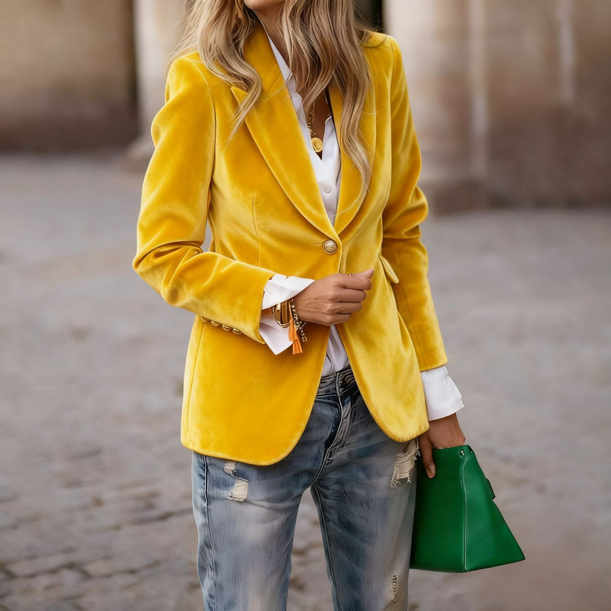 Women's Fitted Velvet Blazer with Lapel Collar and Gold Decorative Buttons