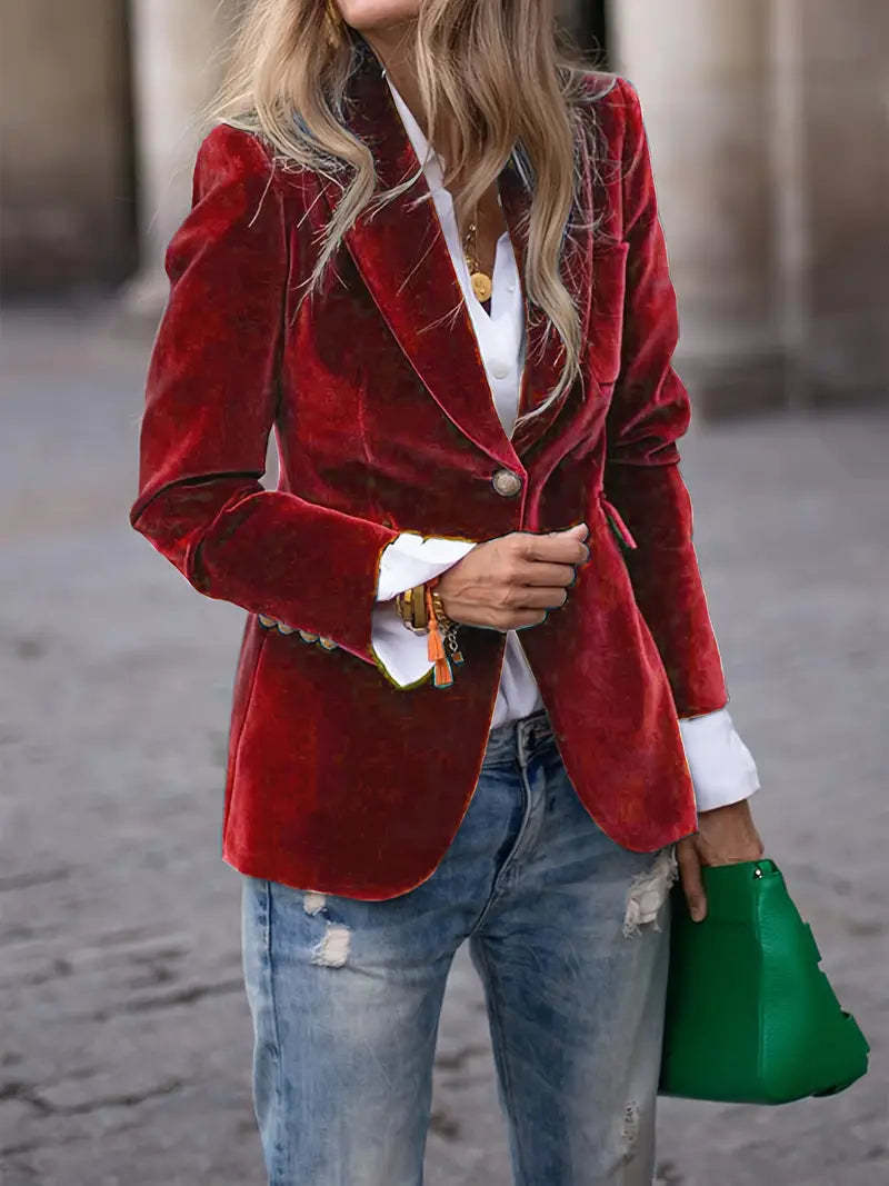 Women's Fitted Velvet Blazer with Lapel Collar and Gold Decorative Buttons