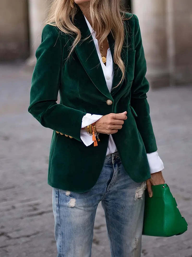 Women's Fitted Velvet Blazer with Lapel Collar and Gold Decorative Buttons