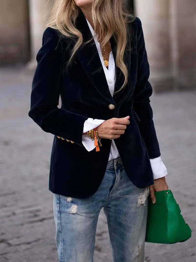 Women's Fitted Velvet Blazer with Lapel Collar and Gold Decorative Buttons