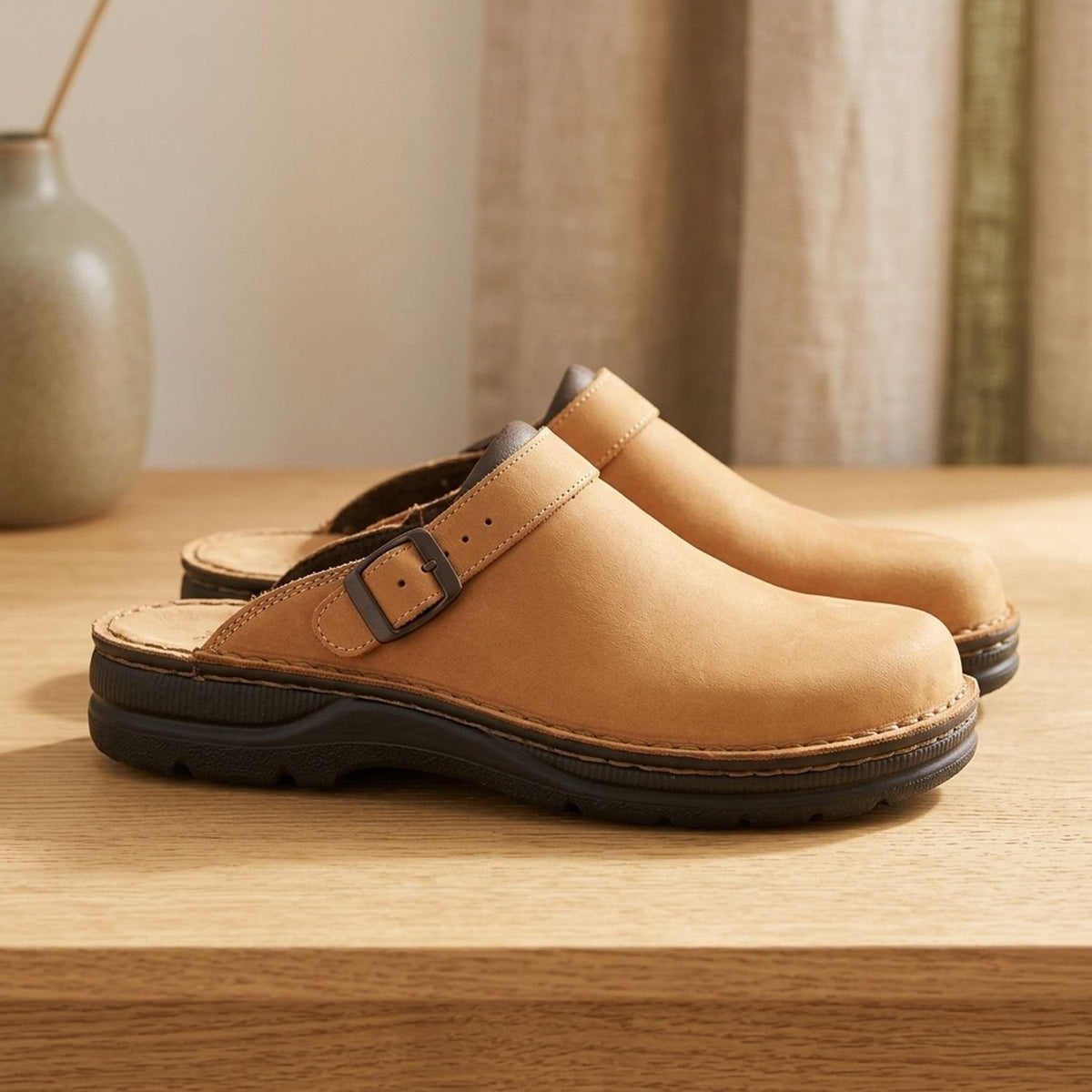 Sabots mules pour femme en cuir, plats, à bride avec boucle et à enfiler