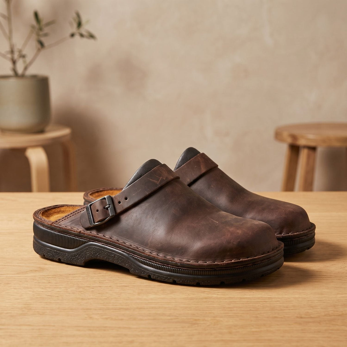 Sabots mules pour femme en cuir, plats, à bride avec boucle et à enfiler