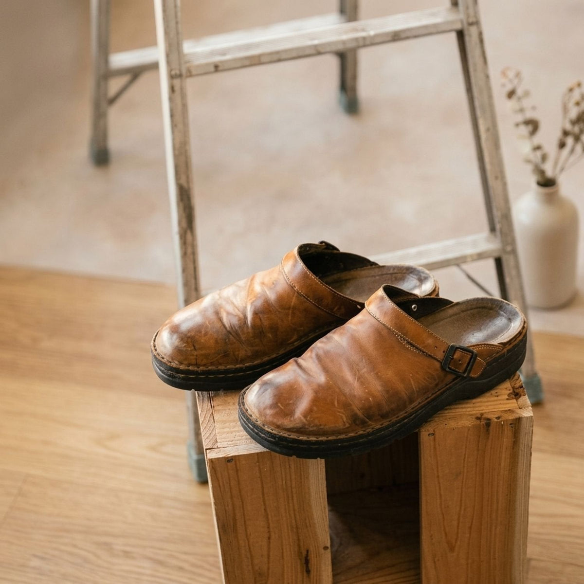 Sabots mules pour femme en cuir, plats, à bride avec boucle et à enfiler