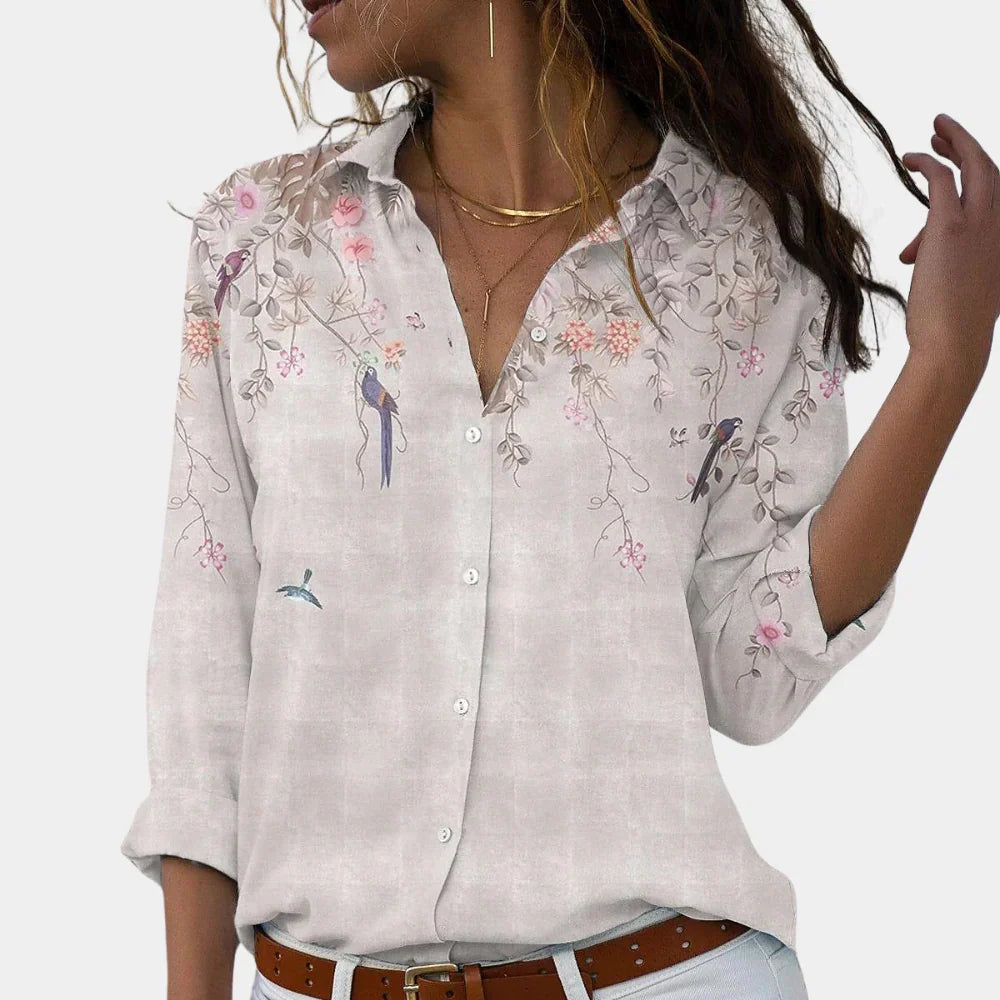 Women's Floral Bird Print Button-Up Collared Blouse