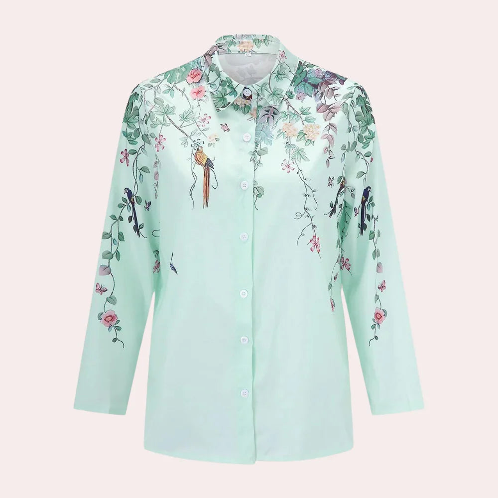 Women's Floral Bird Print Button-Up Collared Blouse