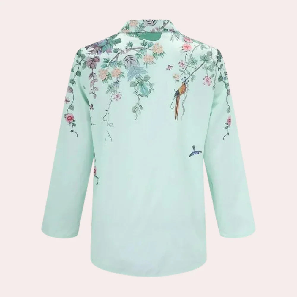 Women's Floral Bird Print Button-Up Collared Blouse