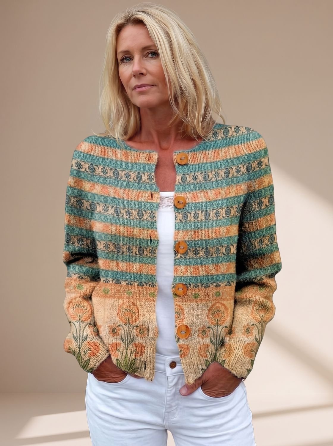 Women's Floral Button-Front Long-Sleeve Knit Cardigan