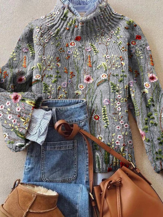 Women's Floral Embroidered Knit Turtleneck Sweater