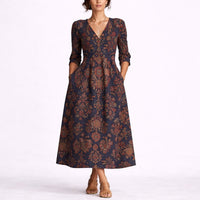 Women's Floral Linen V-Neck Dress for Autumn Wedding Guests