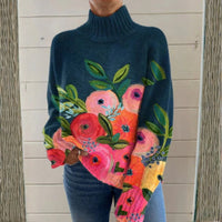 Women's Floral Print Relaxed-Fit Knit Turtleneck Sweater