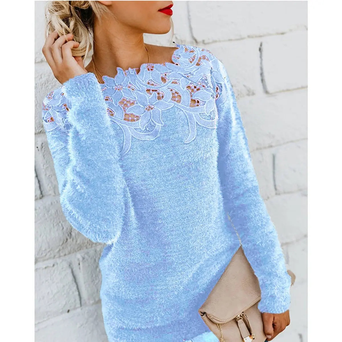 Women's Fluffy Knit Jumper with Floral Lace Neckline - Long Sleeve Top