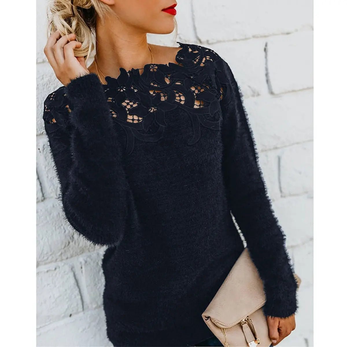Women's Fluffy Knit Jumper with Floral Lace Neckline - Long Sleeve Top