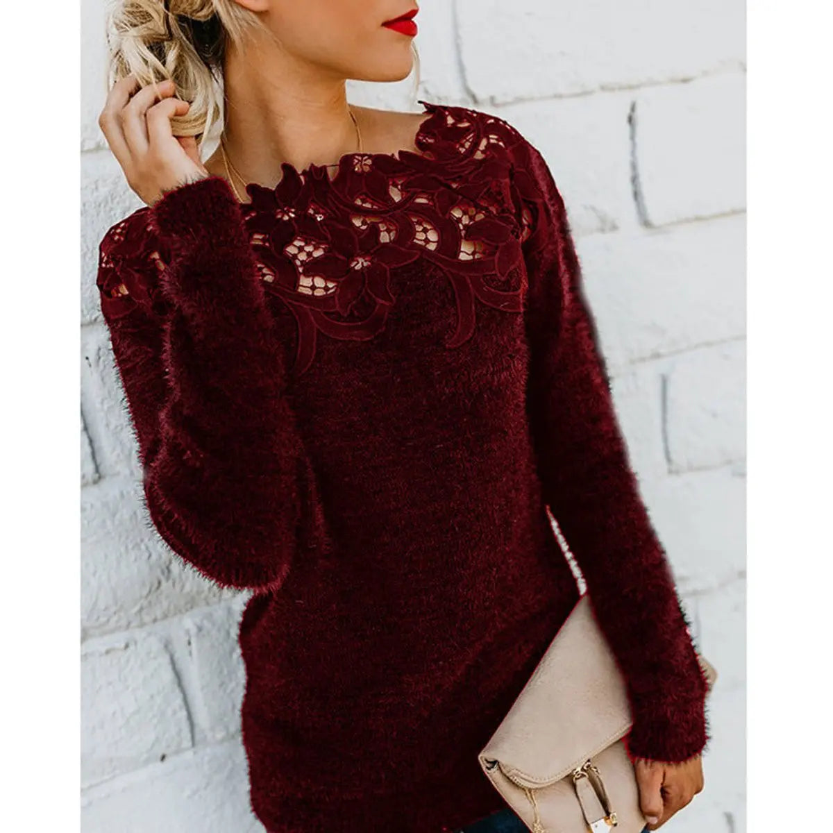 Women's Fluffy Knit Jumper with Floral Lace Neckline - Long Sleeve Top