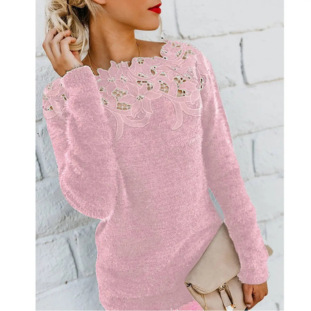 Women's Fluffy Knit Jumper with Floral Lace Neckline - Long Sleeve Top