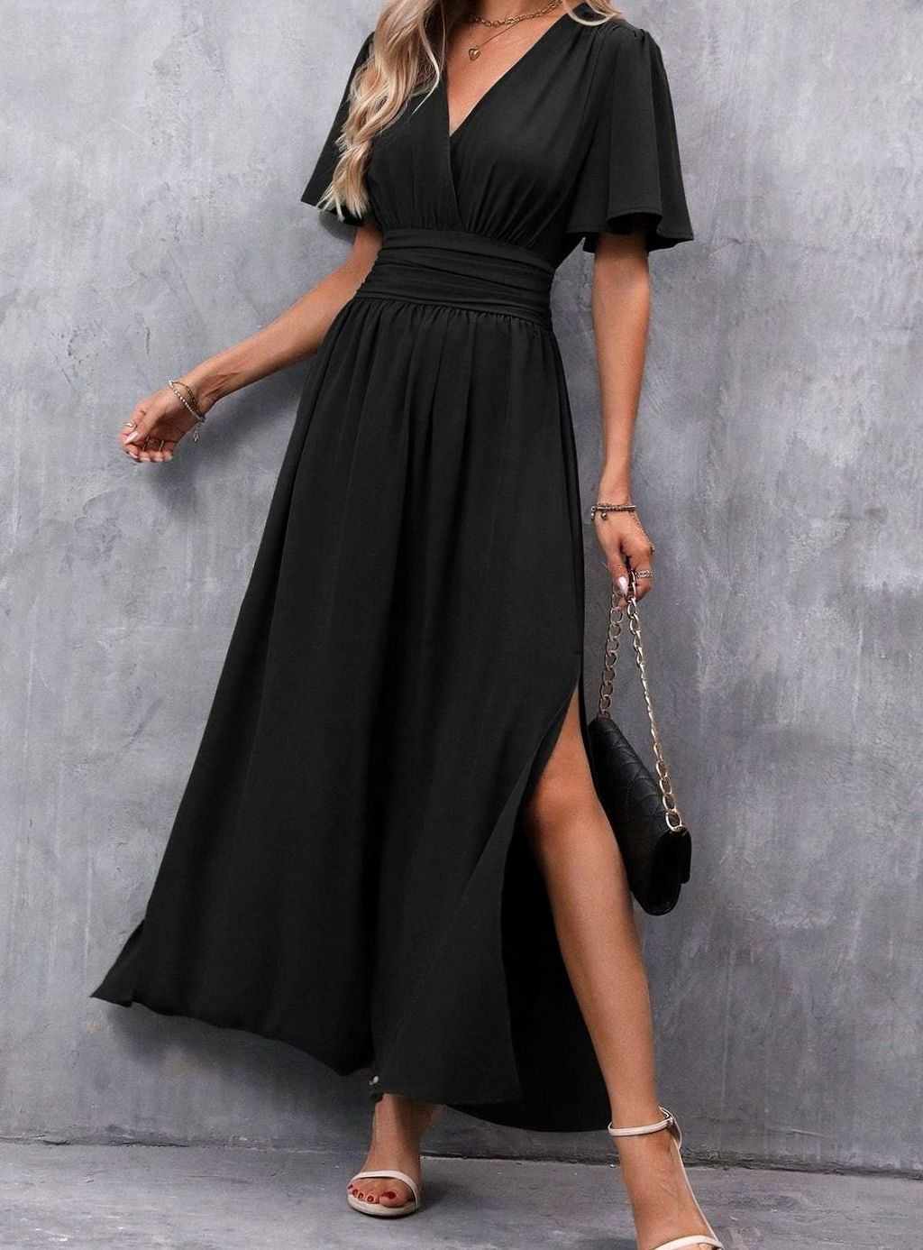 Women's Flutter Sleeve V-Neck High-Waist Maxi Dress with Side Slit